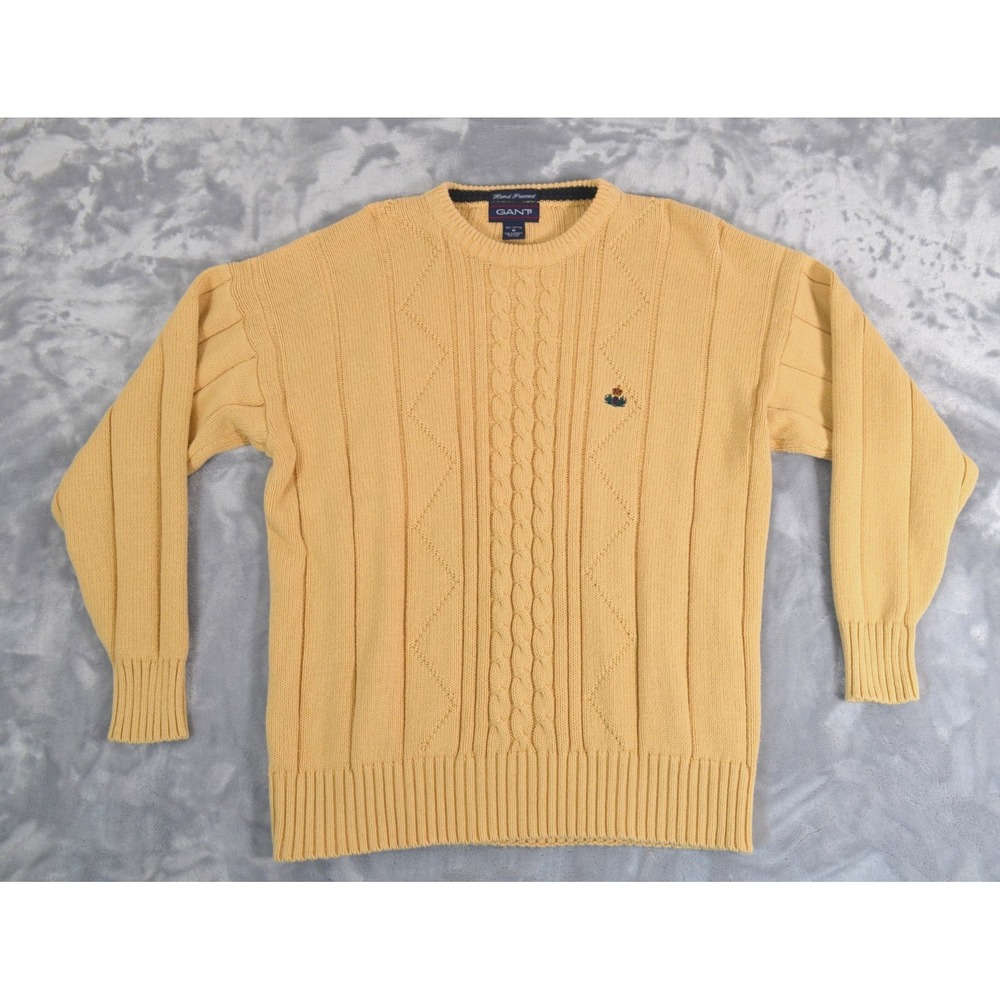 Gant Vintage Hand Framed Yellow Knit Crewneck Sweater Mens M Cable Knit Cotton